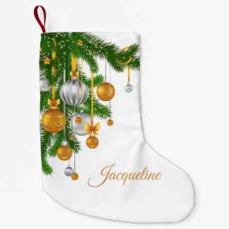 Petite Chaussette De Noël Branches à feuillage persistant et ornementations