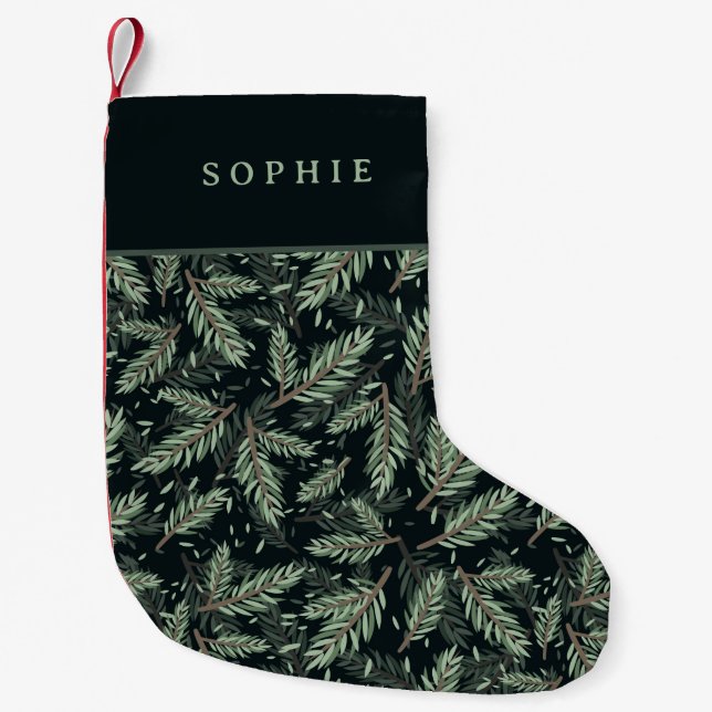 Petite Chaussette De Noël Branches de Noël élégantes sur Noir avec nom (Devant)