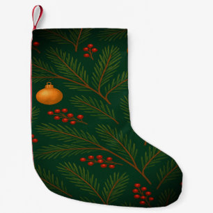 Petite Chaussette De Noël Branches de pin élégantes avec ornements dorés