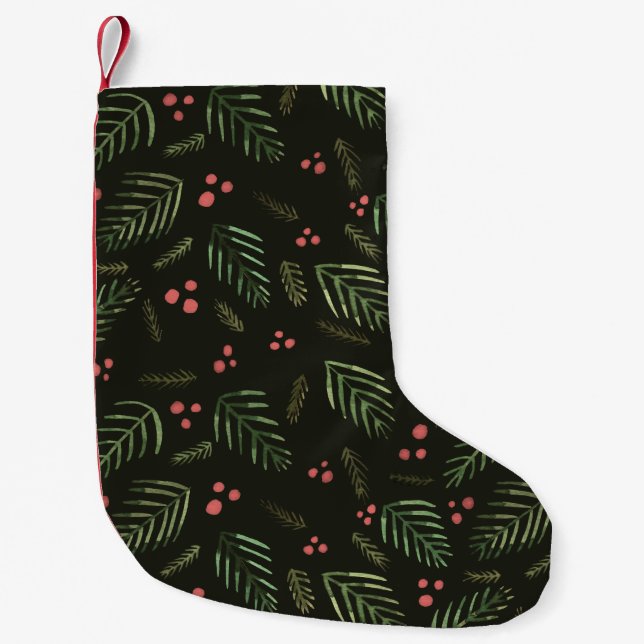 Petite Chaussette De Noël Branches et baies d'arbres de Noël - vert foncé (Devant)