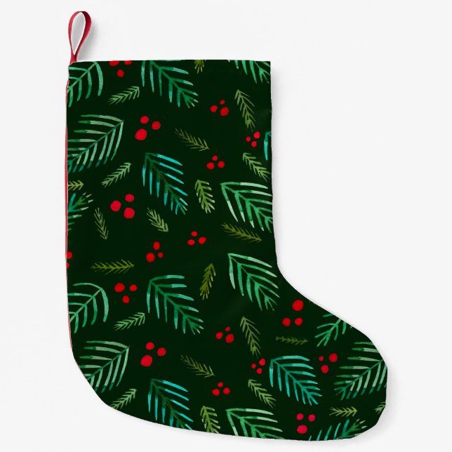 Petite Chaussette De Noël Branches et baies d'arbres de Noël - vert foncé (Devant)
