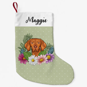 Petite Chaussette De Noël Braque hongrois et fleurs colorées d'été vertes