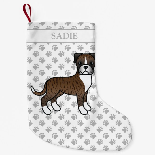 Petite Chaussette De Noël Brindle Boxer mignon Cartoon Chien & Nom (Devant)