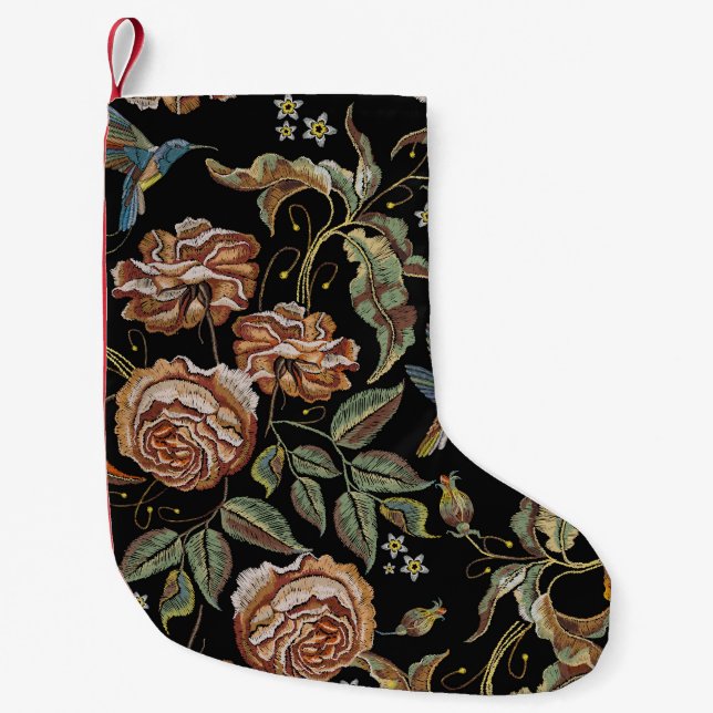 Petite Chaussette De Noël Broderie rose, Style Renaissance. (Devant)