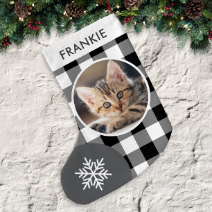 Petite Chaussette De Noël Buffalo à carreaux noir et blanc avec photo et nom