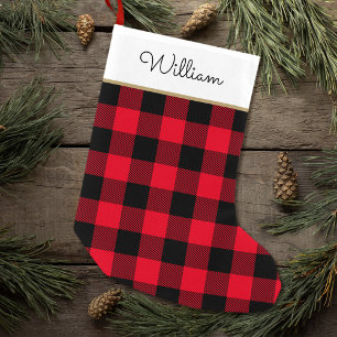 Petite Chaussette De Noël Buffalo Plaid Nom personnalisé Rouge Noir