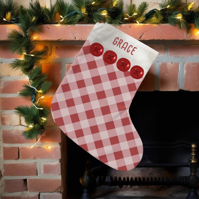 Petite Chaussette De Noël Buffle rouge et blanc Plaid Christmas Stocking (Add your name to this red and white buffalo plaid Christmas stocking)