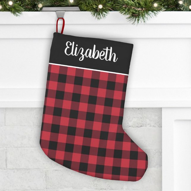Petite Chaussette De Noël Buffle rouge et noir Plaid Nom personnalisé (Créateur téléchargé)