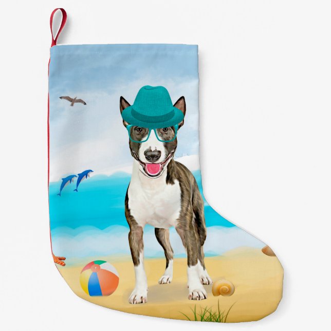 Petite Chaussette De Noël Bull Terrier sur la plage (Devant)