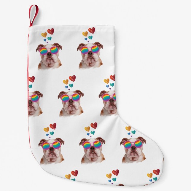 Petite Chaussette De Noël Bulldog anglais avec des coeurs Saint-Valentin (Devant)