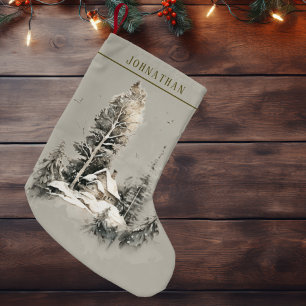 Petite Chaussette De Noël Cabane de campagne hivernale à l'aquarelle rustiqu