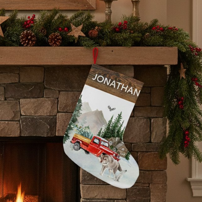 Petite Chaussette De Noël Cabine de camion à aquarelle rustique de bois loup (Créateur téléchargé)