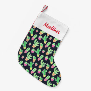 Petite Chaussette De Noël Cactus au néon d'aquarelle dans le motif de pots