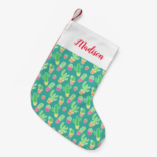 Petite Chaussette De Noël Cactus au néon d'aquarelle dans le motif de pots