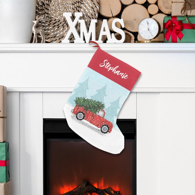 Petite Chaussette De Noël Calligraphie Script Aquarelle Camion rouge rustiqu (Christmas holiday whimsical winter classic red truck stocking.)