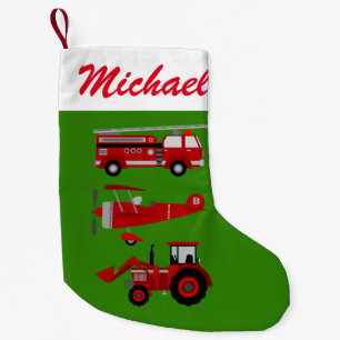 Petite Chaussette De Noël Camion, avion et tracteur de tir de jouets rouges