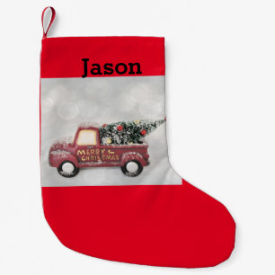 Petite Chaussette De Noël camion vintage rouge sur un arrière - plan de livr