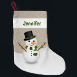 Petite Chaussette De Noël Caricature Mignonne Snowman Et Nom Personnalisé Be<br><div class="desc">Dessin de Destei illustrant un mignon bonhomme de neige sur un arrière - plan de couleur beige avec des points blancs comme de la neige. Le bonhomme de neige porte un foulard rayé vert et blanc et un casquette noir à rayures vertes. Il y a aussi une zone de texte...</div>