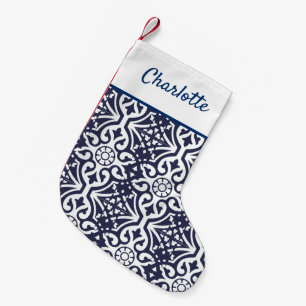 Petite Chaussette De Noël Carreaux bleu et blanc de la marine de Hamptons