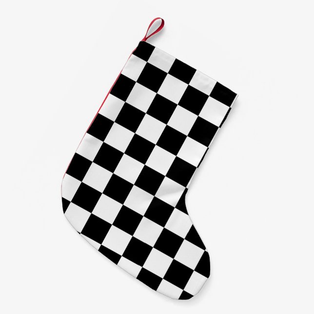 Petite Chaussette De Noël Carrés à damier noir et blanc géométrique rétro (Devant (Accrochage))
