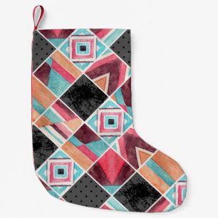 Petite Chaussette De Noël Carrés géométriques, mosaïque aquarelle