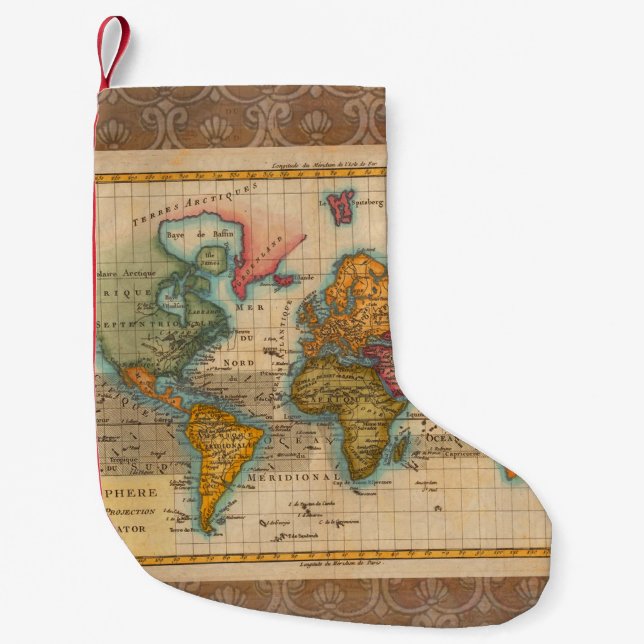 Petite Chaussette De Noël Carte du monde 1700s Antique Continents (Devant)
