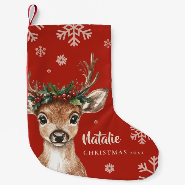 Petite Chaussette De Noël Cerf de Noël mignon avec Antlers et Couronne flora (Devant)