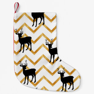 Petite Chaussette De Noël Cerf noir, motif de texture or.
