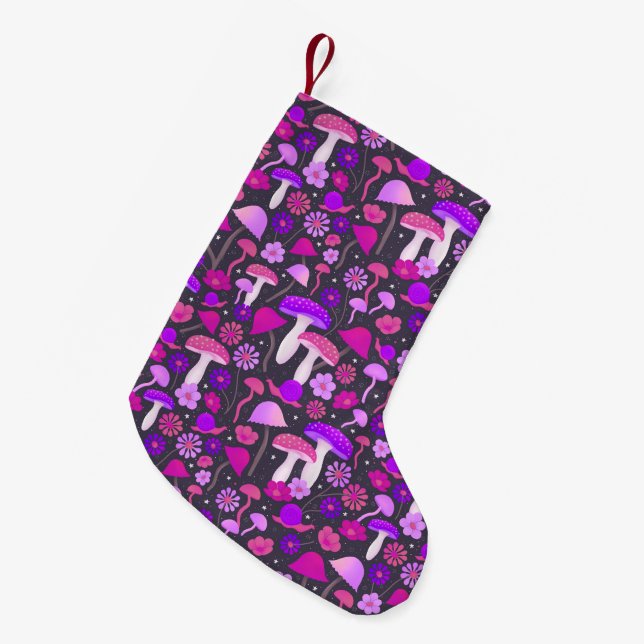 Petite Chaussette De Noël Champignons hippies Motif violet, rose et noir (Devant (Accrochage))