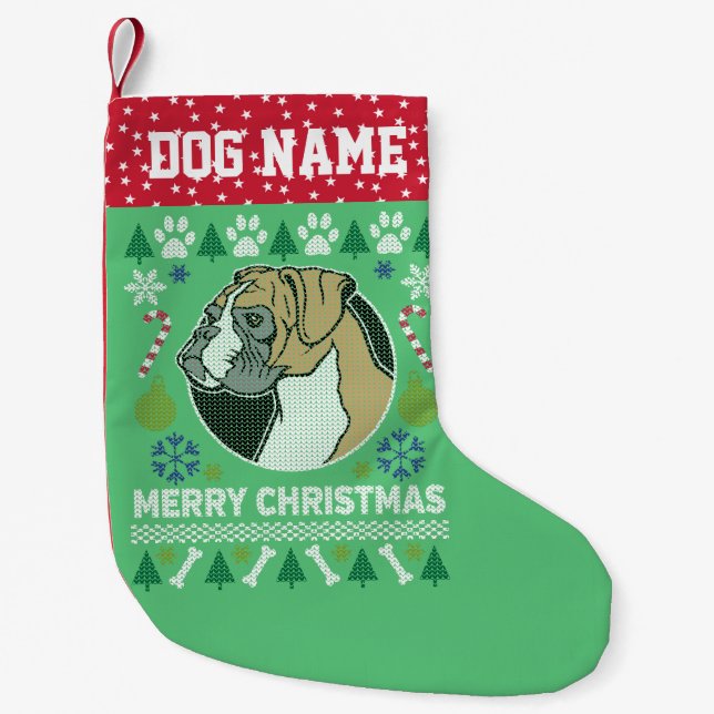 Petite Chaussette De Noël Chandail de Noël moche de chien de boxer (Devant)