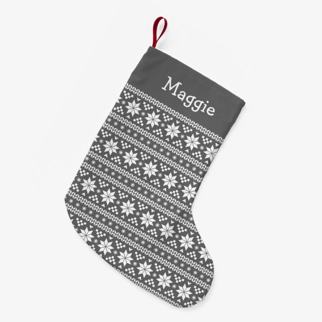 Petite Chaussette De Noël Charcoal Grey and White Fair Isle Monogramme (Devant (Accrochage))