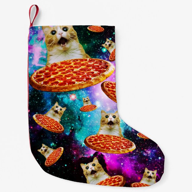 Petite Chaussette De Noël Chat à pizza de l'espace amusant (Devant)