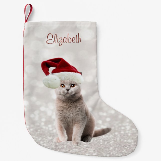 Petite Chaussette De Noël Chat Avec Chapeau De Père Noël, Glittery Bokeh (Devant)