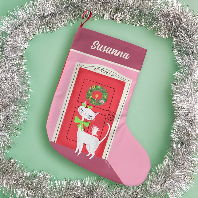 Petite Chaussette De Noël Chat blanc et souris de vacances Retro (Créateur téléchargé)