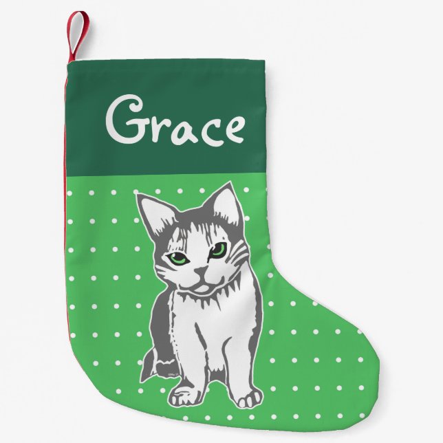 Petite Chaussette De Noël Chat blanc gris Cuisine verte de Noël (Devant)