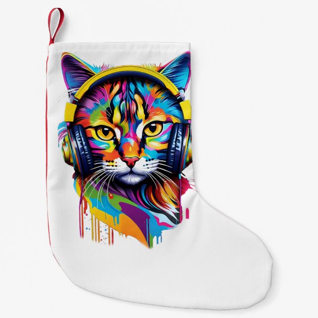 Petite Chaussette De Noël Chat dans les écouteurs (Devant)