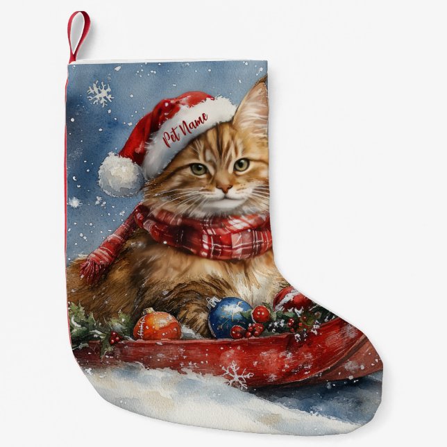 Petite Chaussette De Noël Chat de Maine Coon en sledge Laisser neiger Noël (Devant)