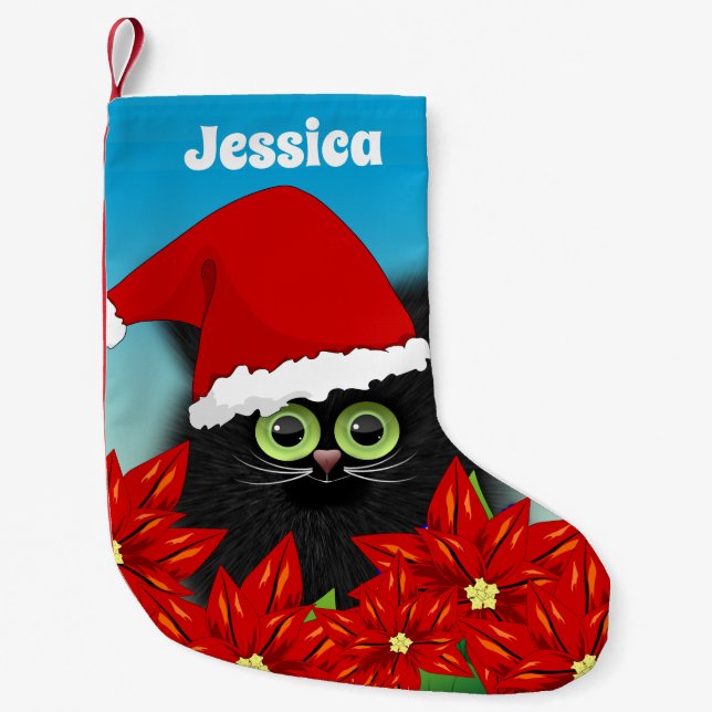 Petite Chaussette De Noël Chat de Noël à Santa Hat Poinsettia Personnalisé (Devant)