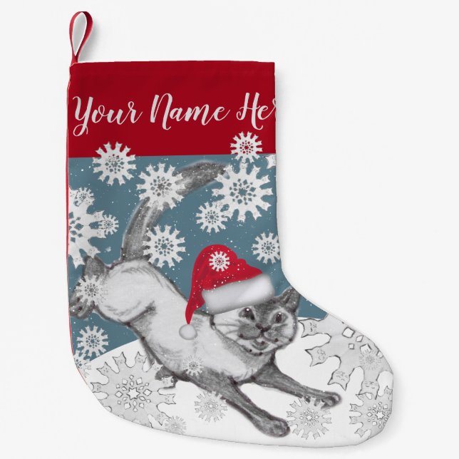 Petite Chaussette De Noël Chat de Siamese à Santa Hat Flèches de neige bleu  (Devant)