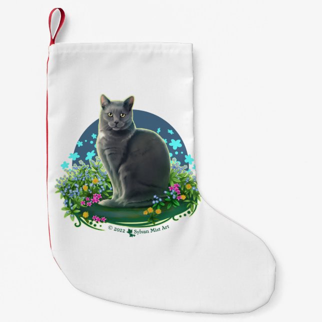 Petite Chaussette De Noël Chat gris dans le Jardin des Fleurs (Devant)