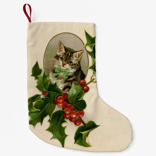 Petite Chaussette De Noël Chat Noël Joyau Holly Kitten Art antique (Devant)