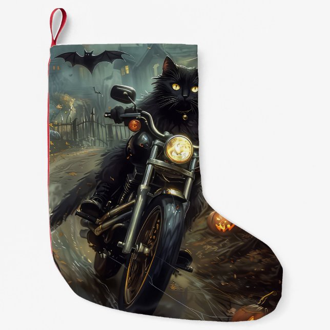Petite Chaussette De Noël Chat Noir à Moto Halloween Épouvantable (Devant)