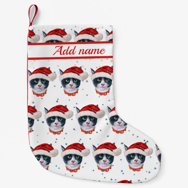 Petite Chaussette De Noël Chat noir et blanc à l'aquarelle de Noël (Devant)
