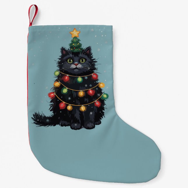 Petite Chaussette De Noël Chat noir Peinture à l'huile d'arbre de Noël (Devant)
