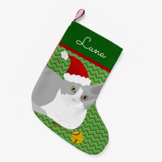Petite Chaussette De Noël Chat Père Noël Gris Et Blanc Personnalisé