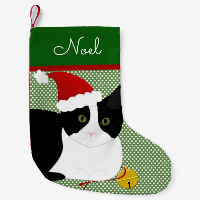 Petite Chaussette De Noël Chat Père Noël Noir Et Blanc Personnalisé (Devant)