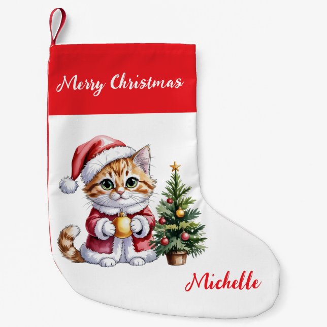 Petite Chaussette De Noël Chat personnalisé avec un chapeau de Père Noël Arb (Devant)