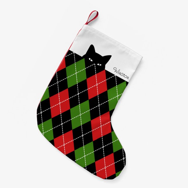 Petite Chaussette De Noël Chat Sournois Argyle Rouge Vert Noir (Devant (Accrochage))