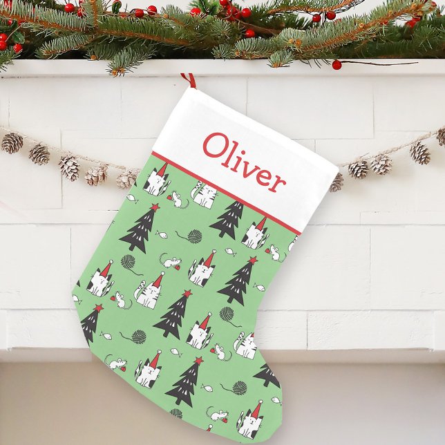 Petite Chaussette De Noël Chats amusants Vert et Blanc (Créateur téléchargé)