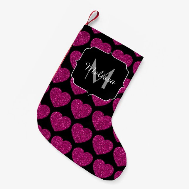 Petite Chaussette De Noël Chaud coeur rose faux pétille motif Monogramme (Devant (Accrochage))